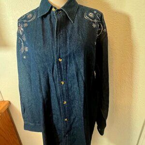 Christine Alexander Denim Shirt with Sparkly Rhinestone Design- Size L